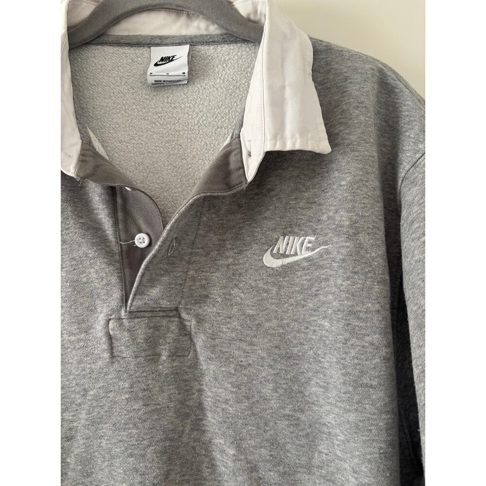 Nike Polo Sweatshirt Gray White Collar Pullover Fleece Logo Men’s Medium M - Picture 5 of 5